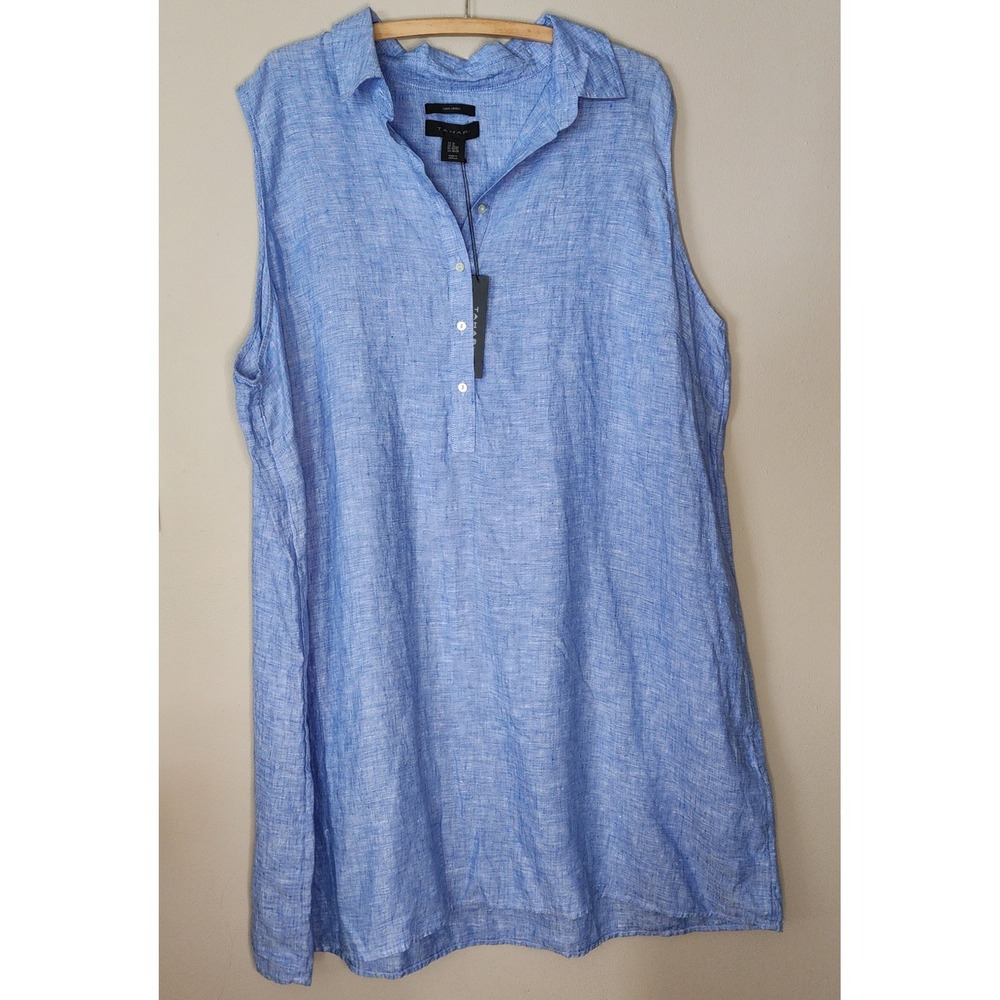 Tahari Shirt Dress Womens 3X Blue NWT 100% Linen Sleeveless Coastal Tunic Top